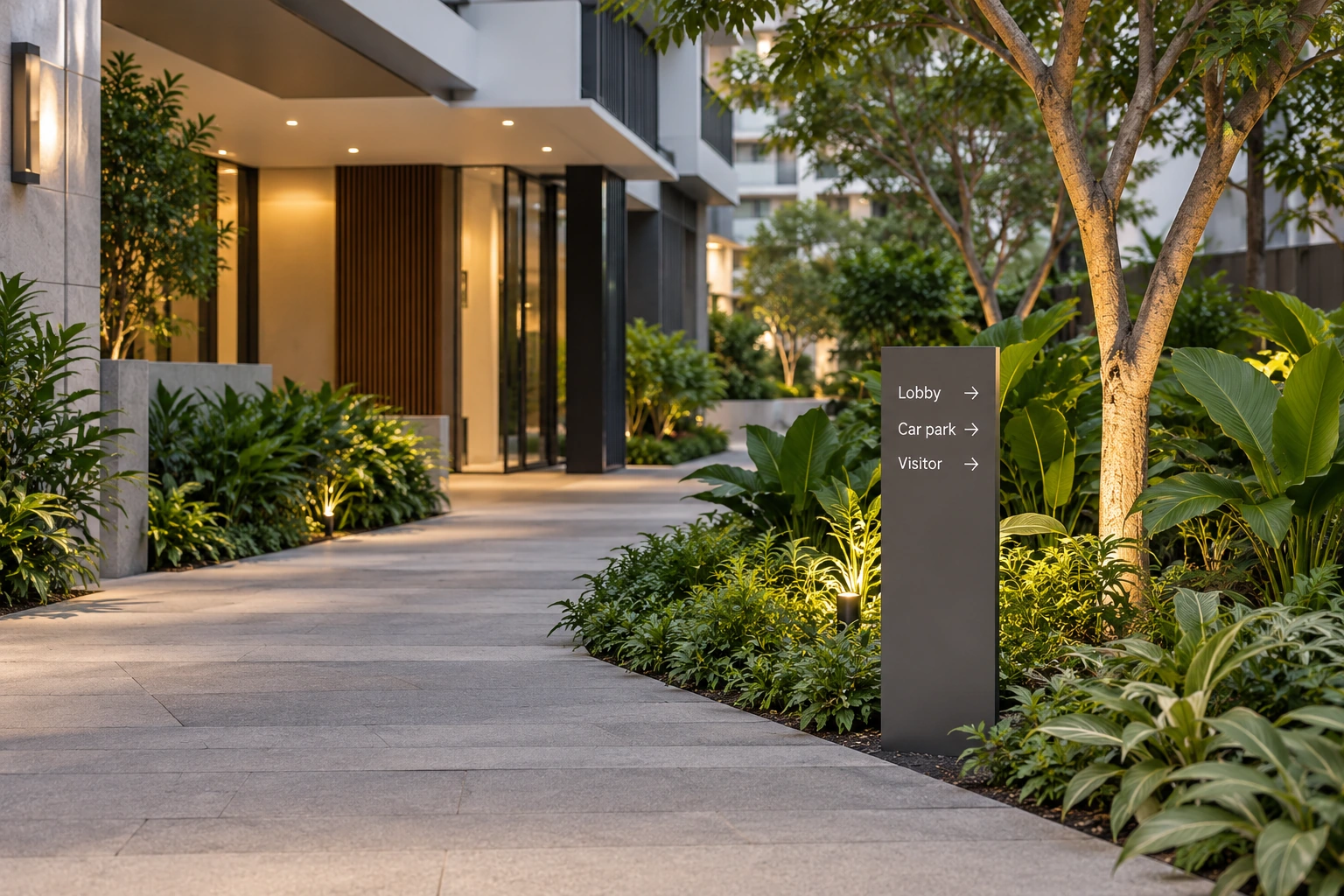 Illustrative freestanding directional sign on a landscaped condominium walkway