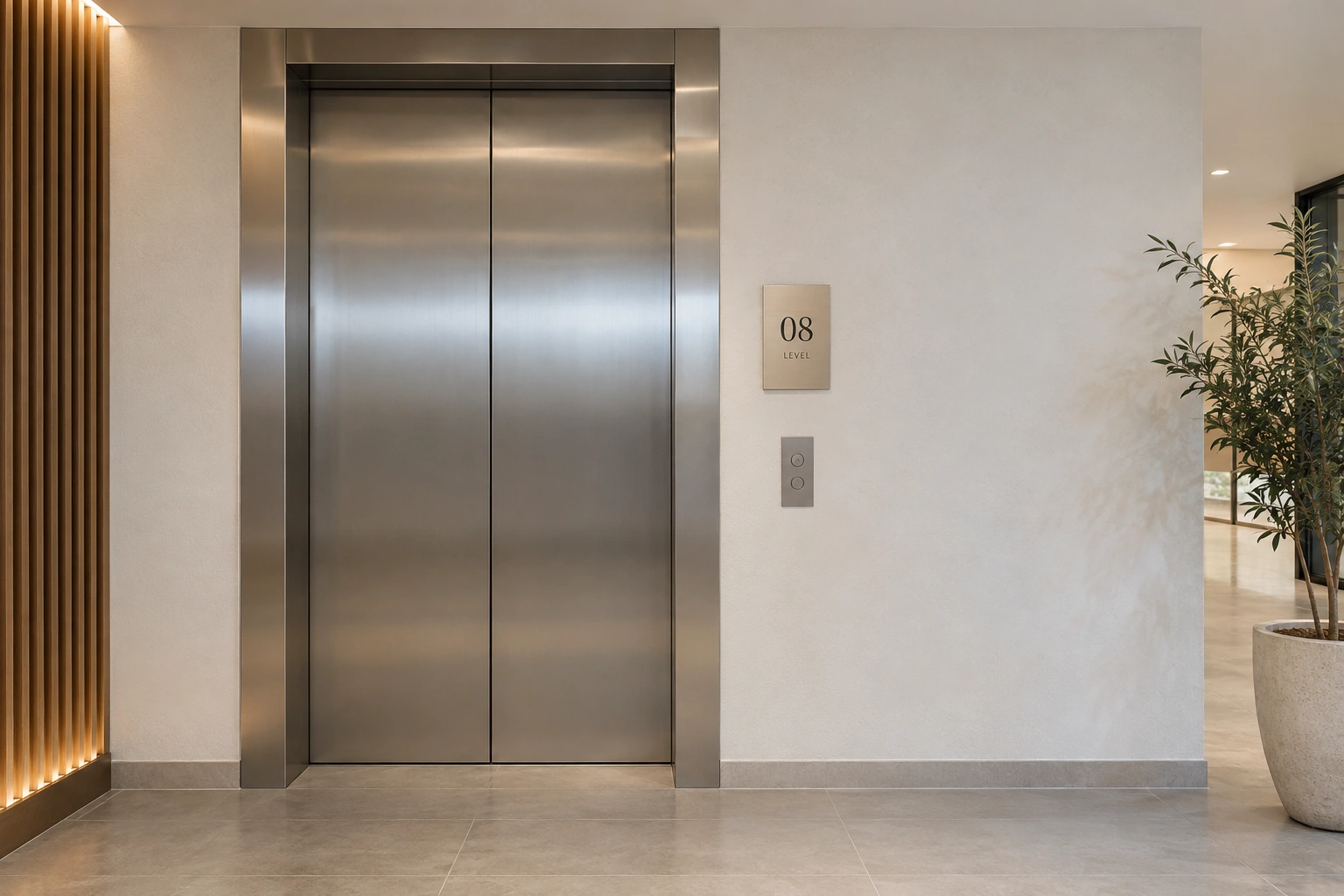Illustrative level 08 sign mounted beside condominium lift doors