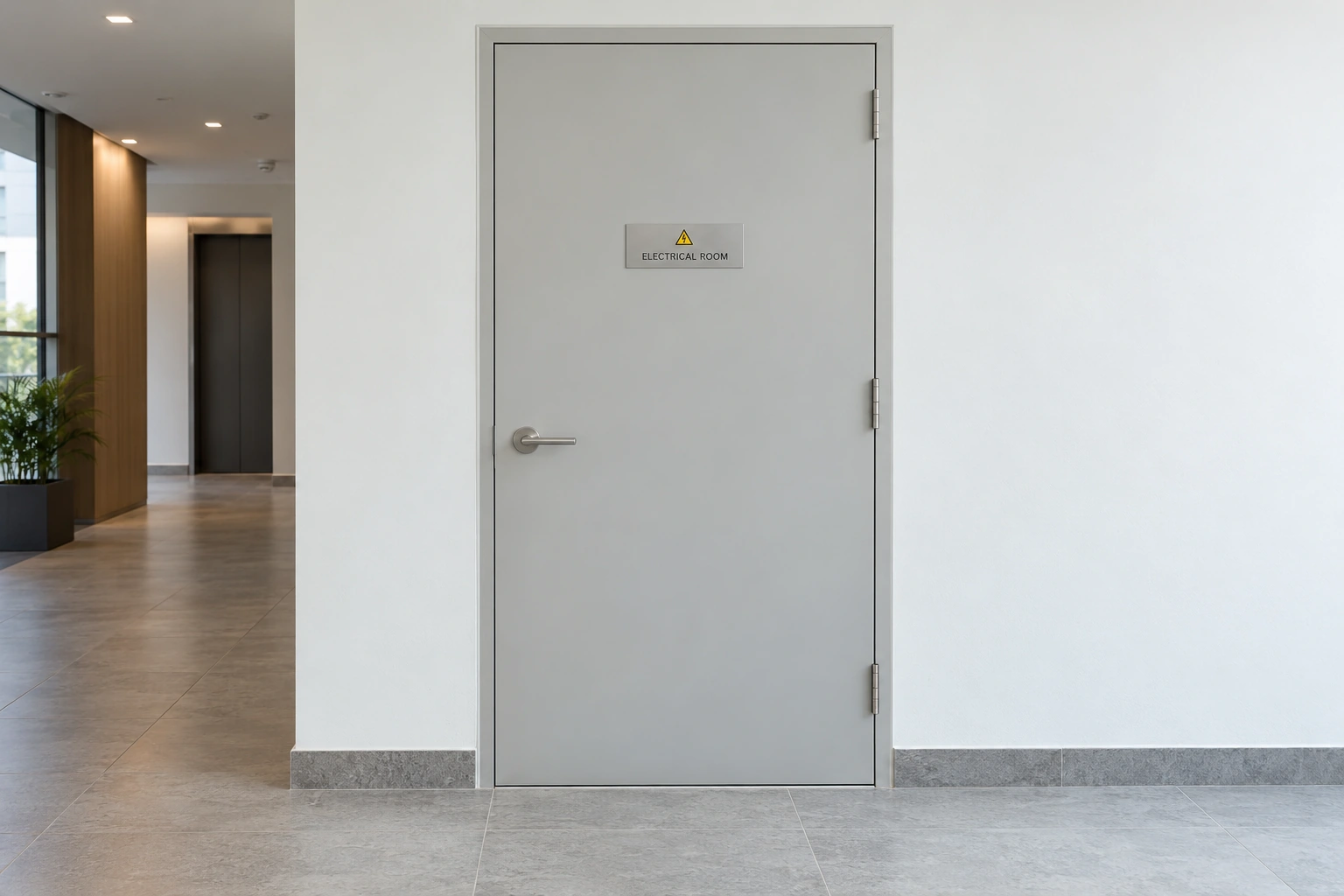 Illustrative electrical room identification sign on a building service door