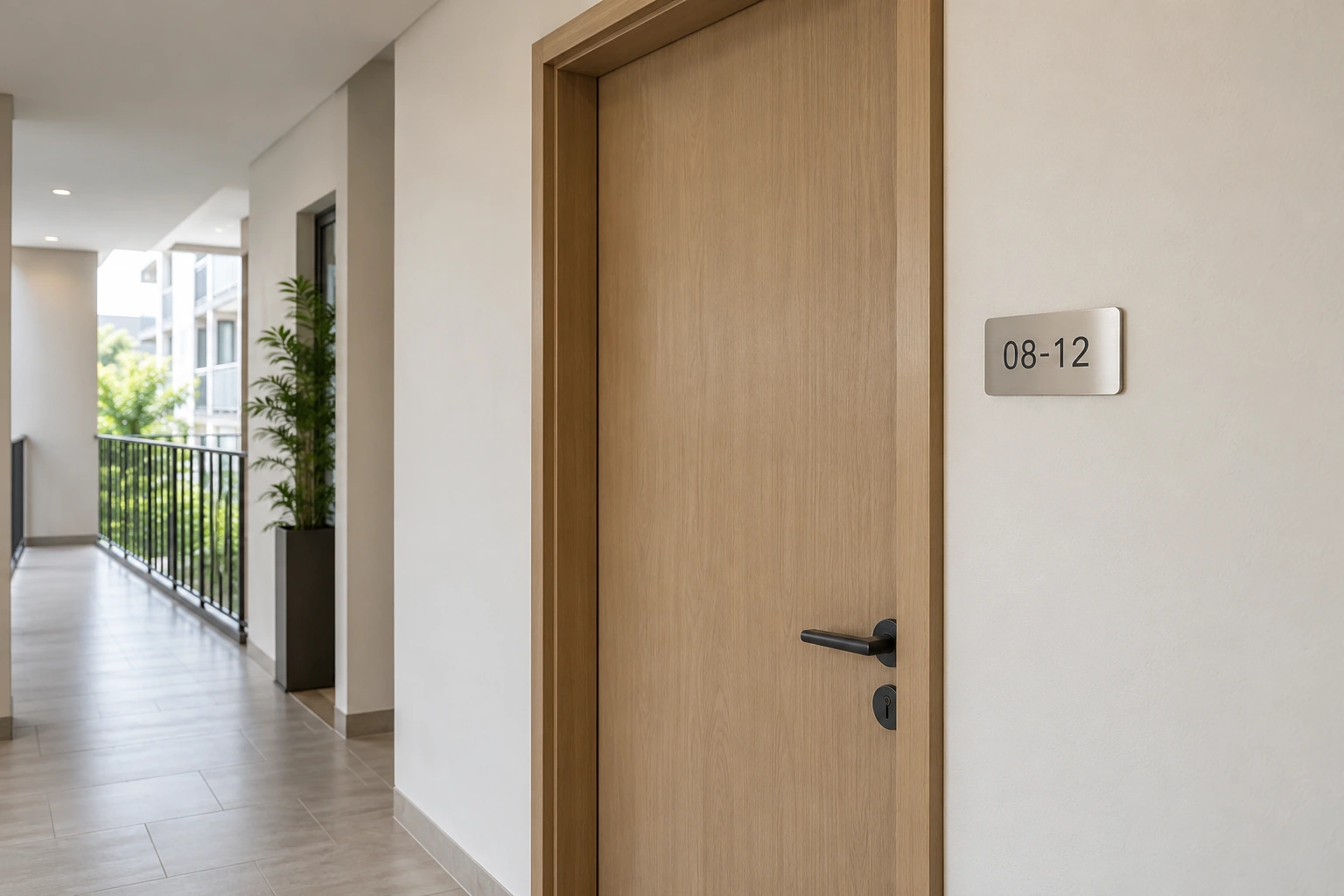 Illustrative unit number plaque beside a timber apartment door